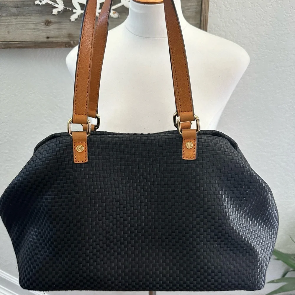 Antonio Melani Black Woven Tote Bag with Tan Leather Straps‎